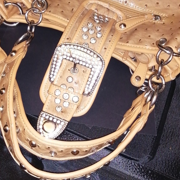 Silverake Tan Ostrich Embossed Vegan Leather With Sparkling Crystals ShoulderBag - Picture 9 of 15
